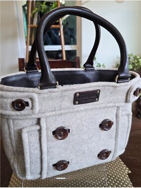 Vintage Kate Spade Wool Button Satchel Bag Brown Leather Rare Discontinued Style